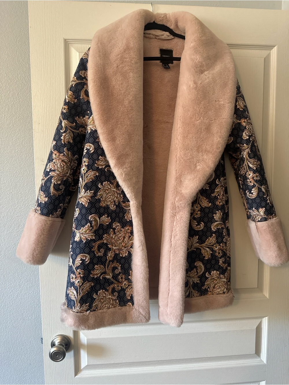 Forever 21 Navy Floral Teddy Coat with Blush Trim